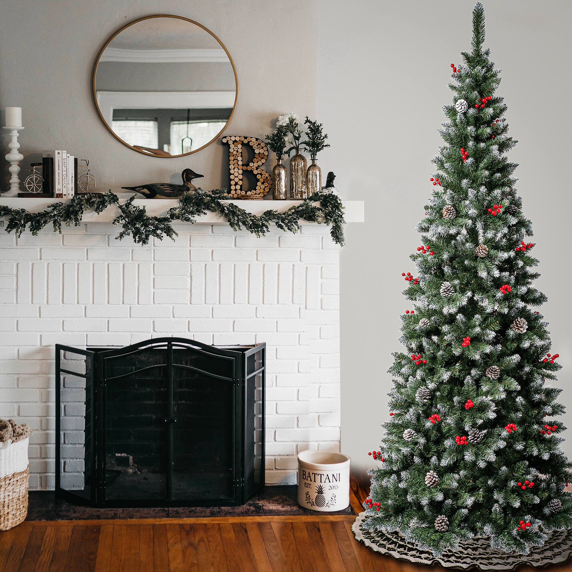7.5ft. Unlit Slim Cullen Fir Artificial Christmas Tree with Berries and Pinecones